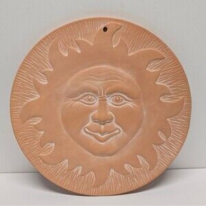Vintage Terrecotta Sun Face Unglazed Pottery Celestial Garden Wall Hanging